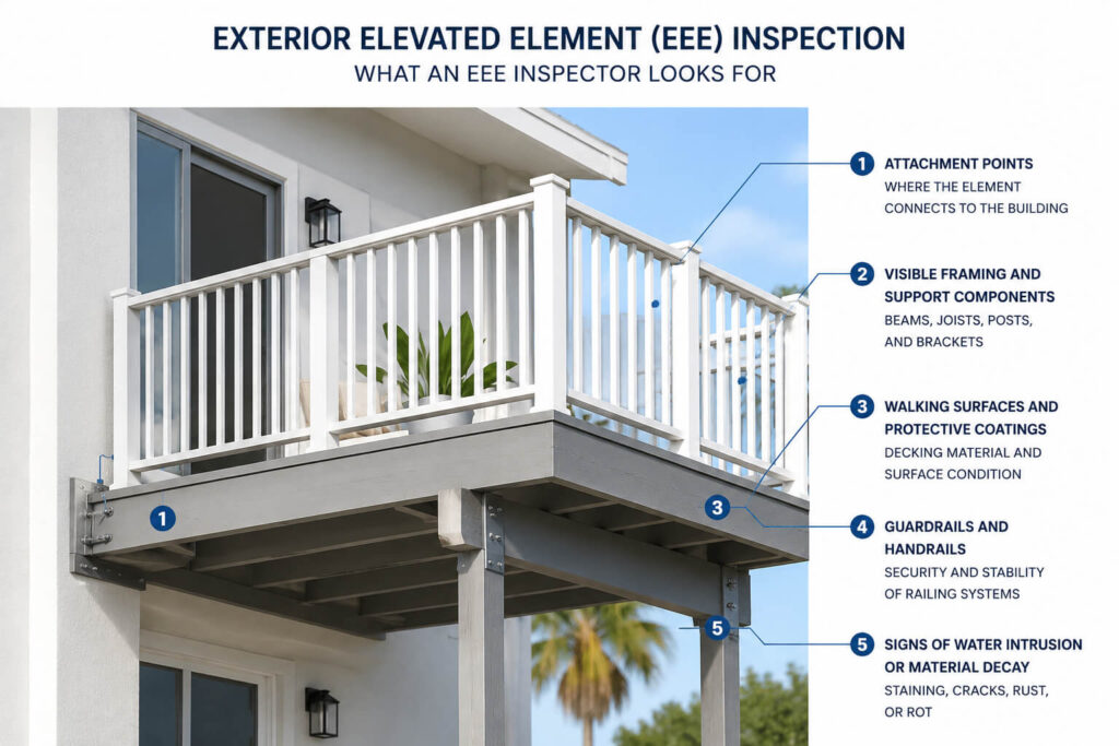 Diagram of what inspectors look for during an Exterior Elevated Elements (EEE) inspection - balcony