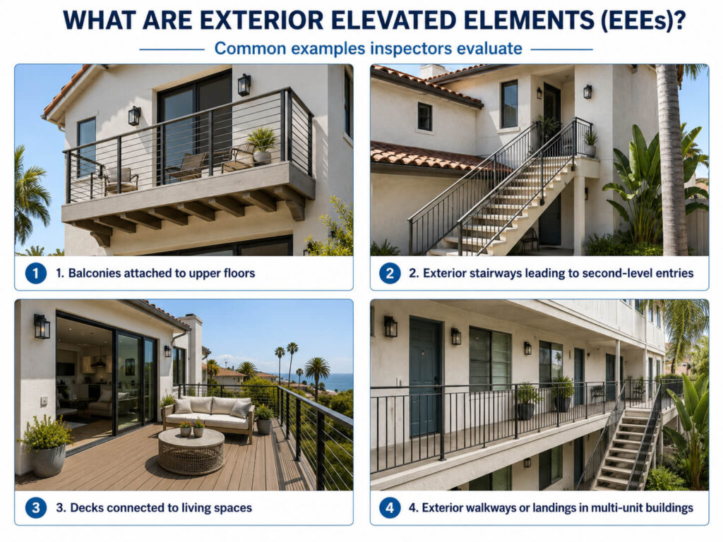 4 examples of Exerior Elevated Elements (EEE) that needs inspection