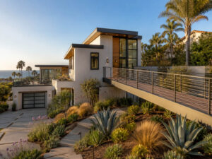 Home with an exterior elevated walkway